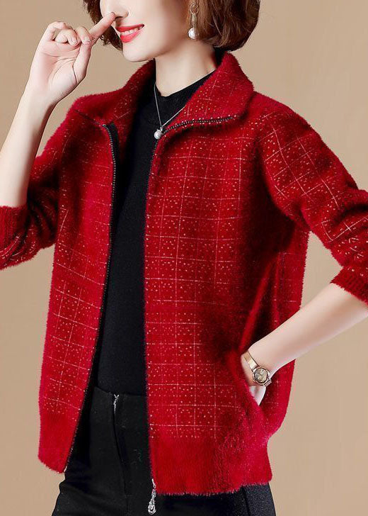 Mulberry Zip Up Pockets Mink Hair Knitted Coats Long Sleeve