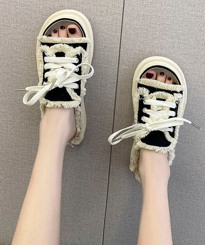 Black Platform Canvas Splicing Slide Sandals Lace Up