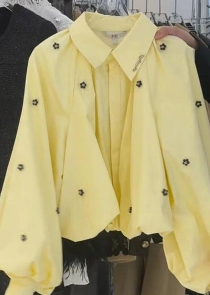 Loose Yellow Peter Pan Collar Cotton Shirt Puff Sleeve Spring
