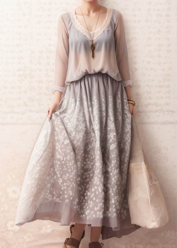 Art Grey Print High Waist Silk Dresses Long Sleeve