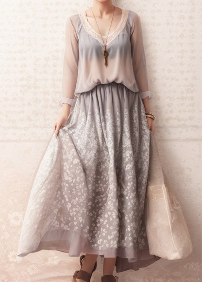 Art Grey Print High Waist Silk Dresses Long Sleeve
