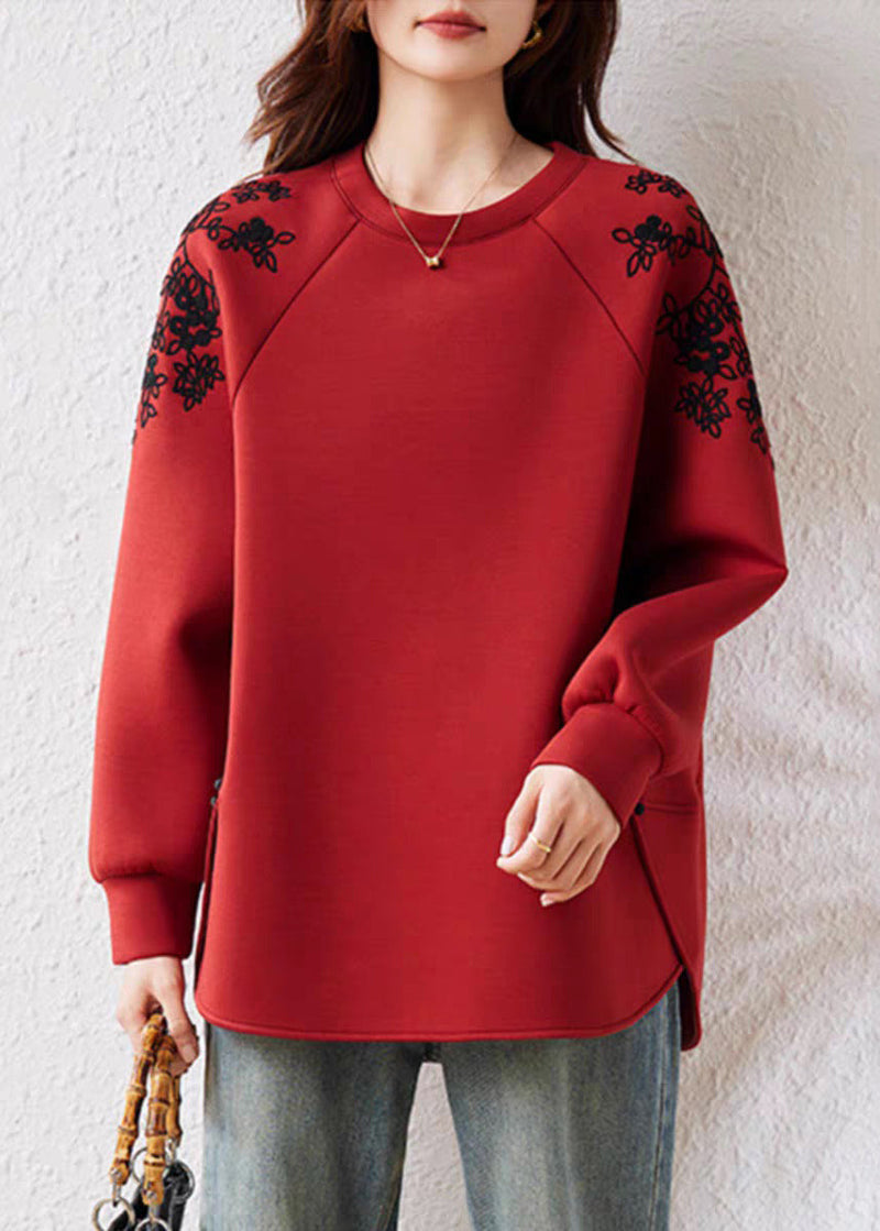 Red O Neck Print Cotton Sweatshirts Fall