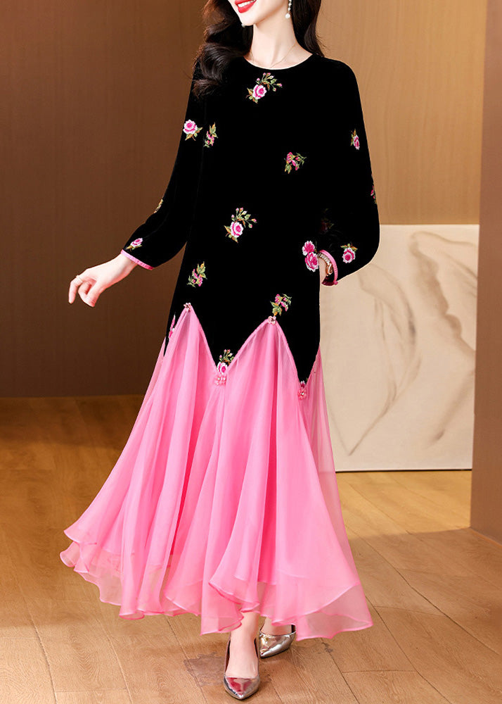 Black Embroidered Patchwork Silk Velour Long Dress Spring