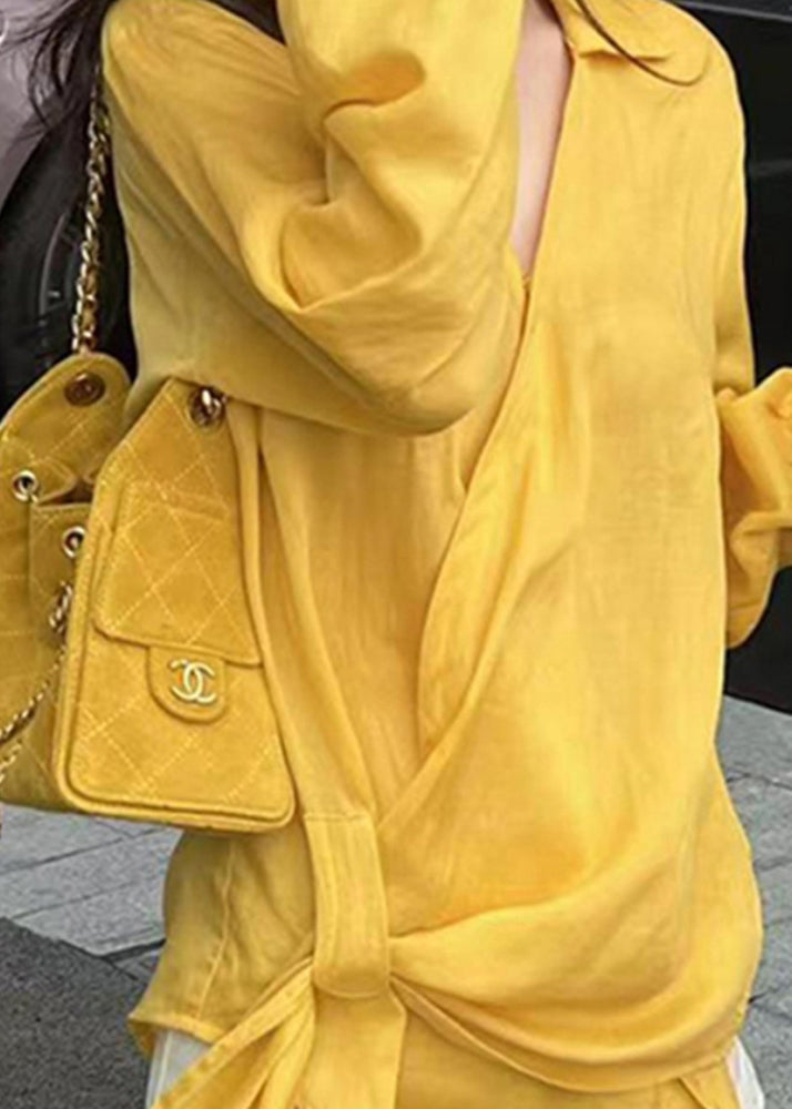 Yellow Peter Pan Collar Asymmetrical Cotton Shirts Fall