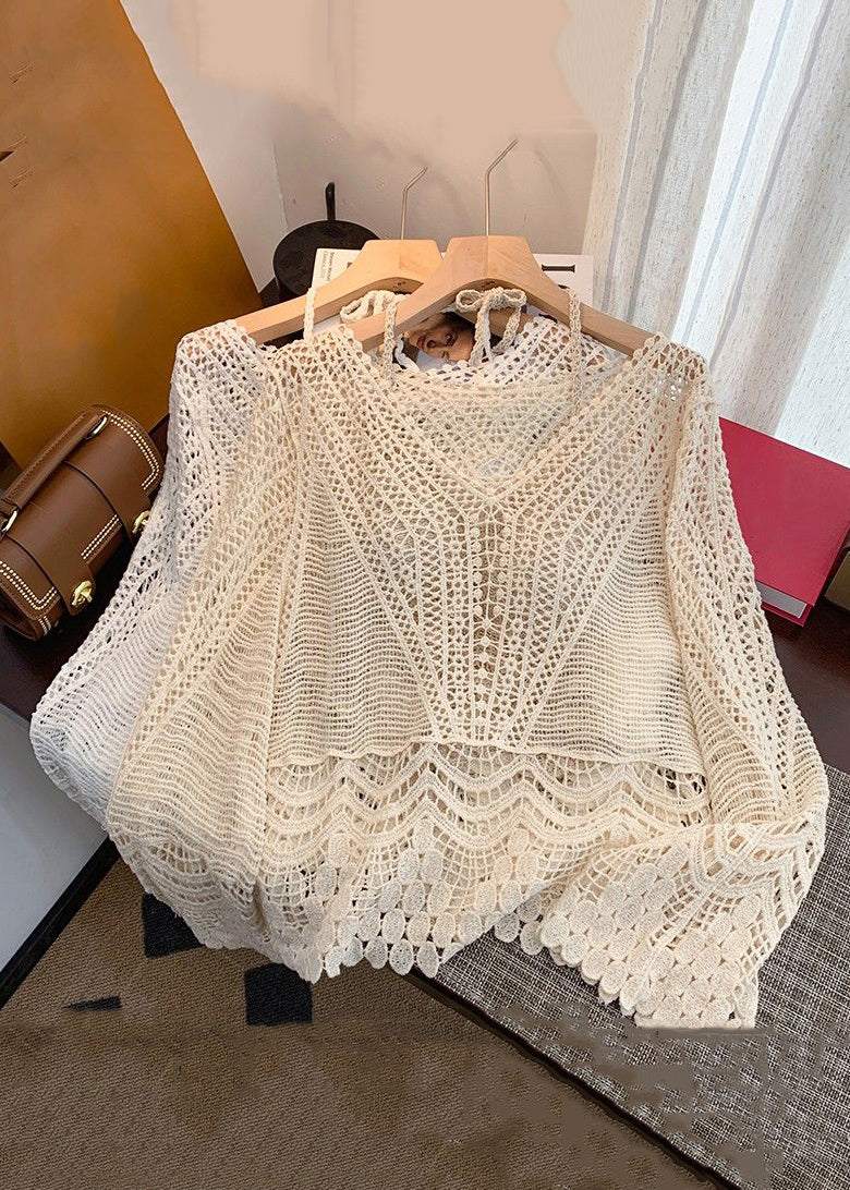 Apricot Hollow Out Lace Up Knit Two Pieces Set Spring