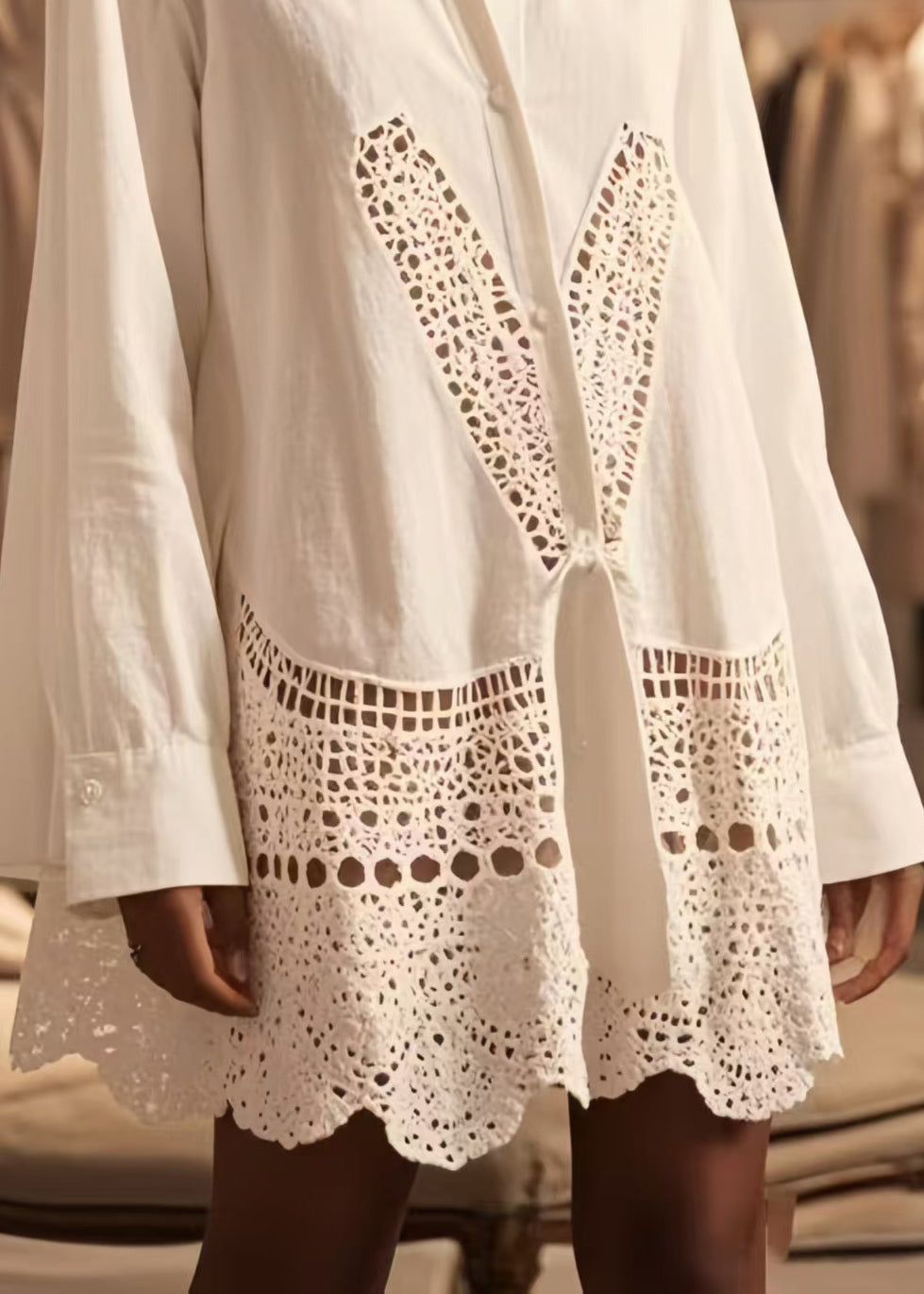 White Oversized Hollow Out Cotton Shirt Tops Spring