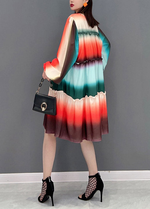 Gradient Color O-neck Ruffled Patchwork a Line Dresses Long Sleeve