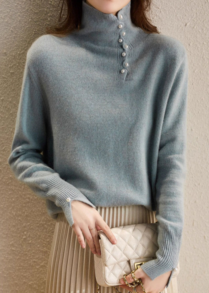 Blue Turtleneck Pearl Patchwork Cozy Cotton Knit Sweater Spring