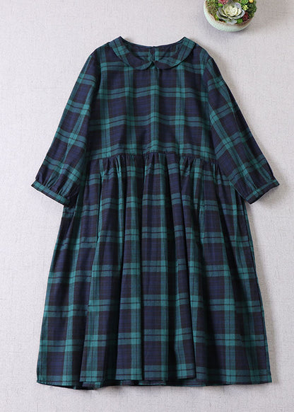 Green Peter Pan Collar Plaid Cotton Dress Spring