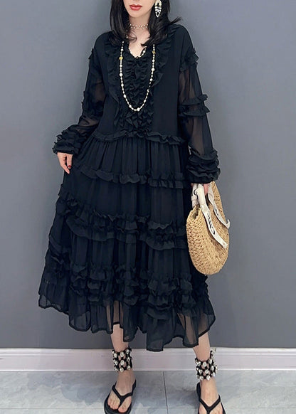 Black Patchwork Holiday Chiffon Maxi Dress Long Sleeve