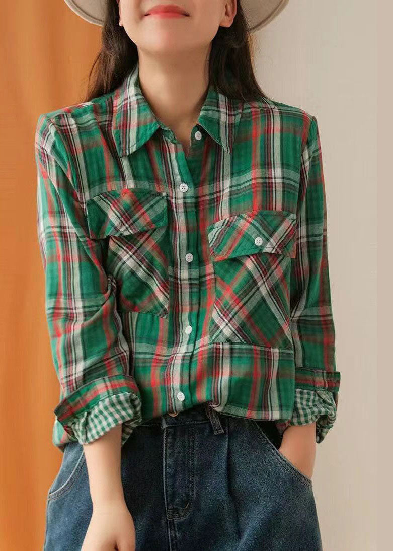 Green Button Peter Pan Collar Plaid Cotton Shirt Tops Spring