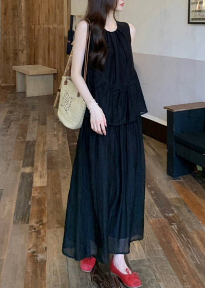 Black O-neck Patchwork Fake Two Pieces Silk Cotton Maxi Dress Sleeveless