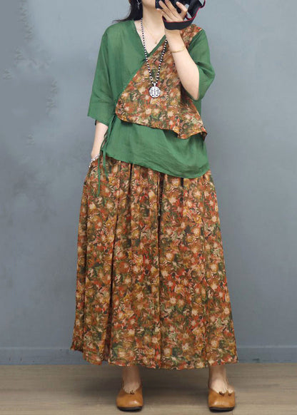 Green Lace Up Patchwork Cotton Two Piece Set V Neck Half Sleeve