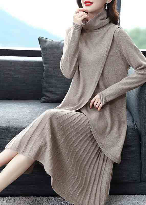 New Blue Turtleneck Tops and Skirts Wool Knit Two-piece Set Winter