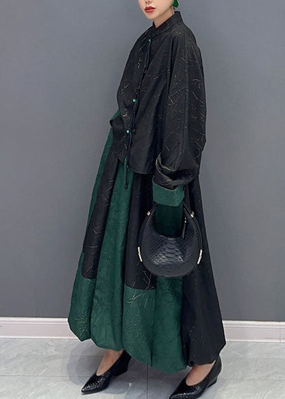 Black Patchwork Green Button Shirts and a Line Skirts Two Piece Set Fall