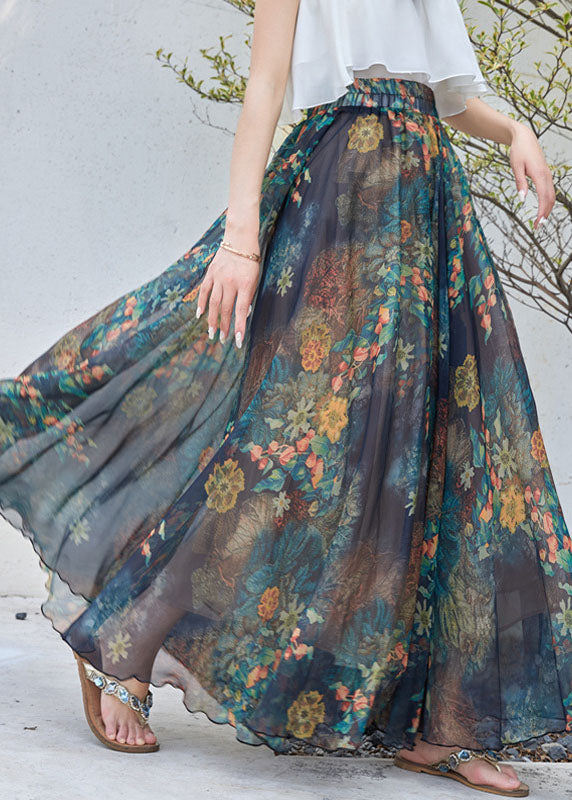 Navy Elastic Waist Print Exra Large Hem Chiffon a Line Skirt Summer