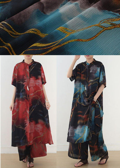 Spring and Summer Blue Print Shirt Top Loose Wide Leg Pants Two Piece Suit