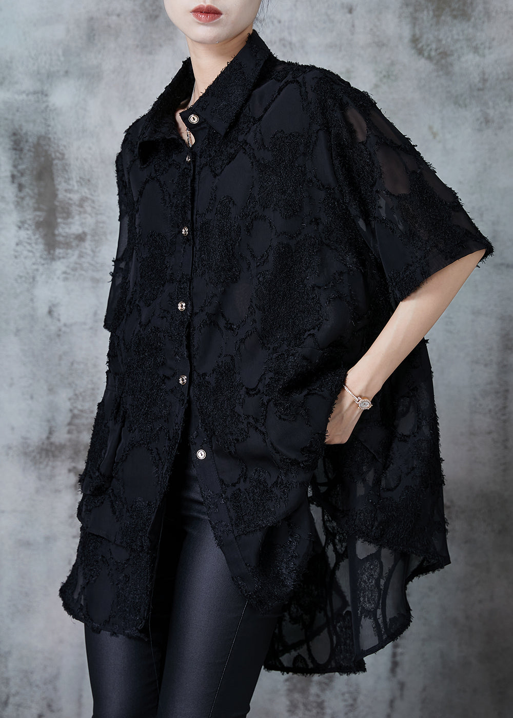 Black Oversized Tasseled Chiffon Top Summer