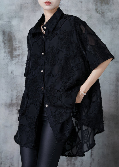 Black Oversized Tasseled Chiffon Top Summer