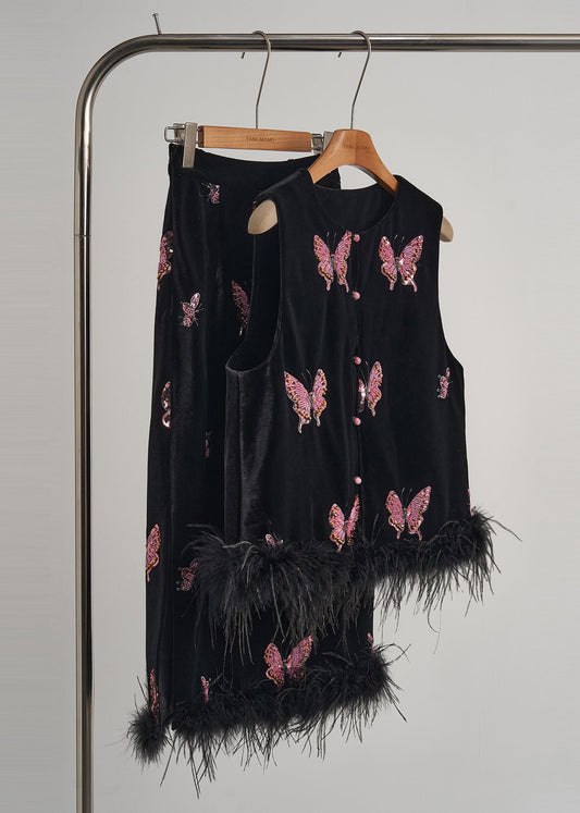 Black Butterfly Patchwork Feather Silk Velvet Two Piece Set Clothing Fall