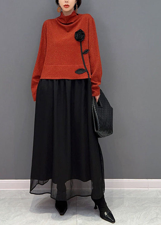 Red Turtle Neck Patchwork Tulle Fake Two Piece Dresses Spring