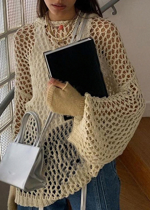 Loose Beige Hollow Out Knit Sweater Summer