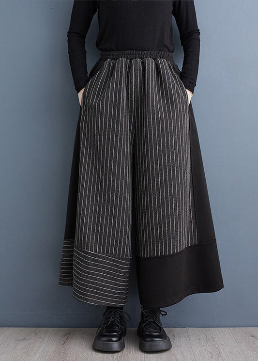 New Black Striped Patchwork Elastic Waist Woolen Wide Leg Pants Spring