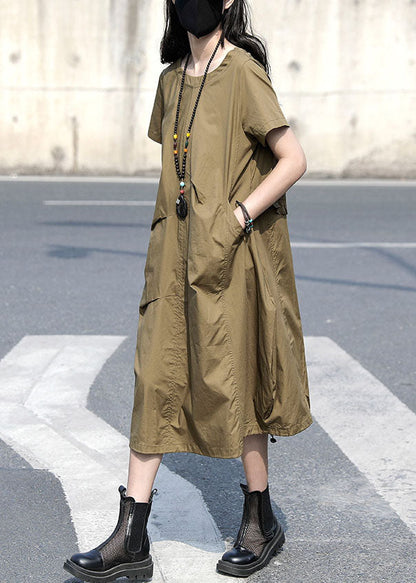 Khaki O Neck Ruffled Patchwork Cotton Dress Summer