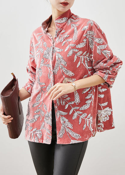 Pink Stand Collar Leaf Sequins Silk Velour Shirt Spring