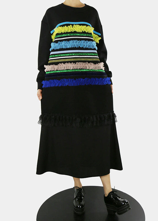 Art Black O-neck Ruffled Tulle Striped Patchwork Long Dresses Spring