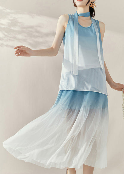Gradient Color Blue O-neck Silk Cotton Top and Maxi Skirts Two Pieces Set Summer