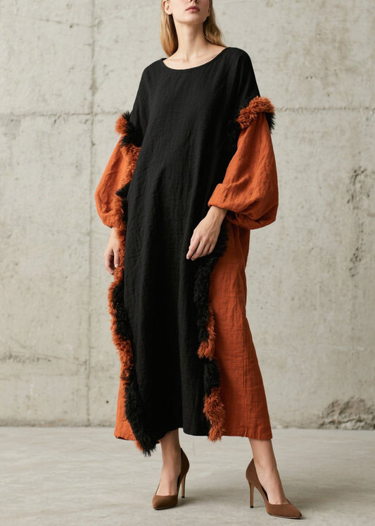 Colorblock Fuzzy Fur Fluffy Patchwork Cotton Maxi Dress Fall