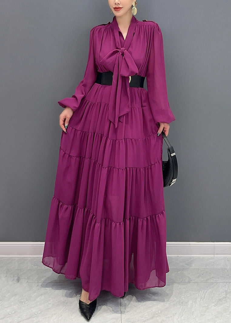 Purple V Neck Patchwork Party Chiffon Long Dress Fall