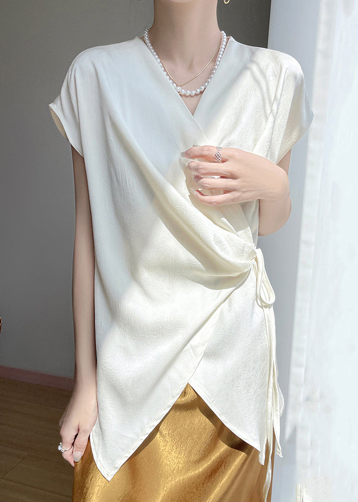 White Lace Up Silk Blouse V Neck Short Sleeve