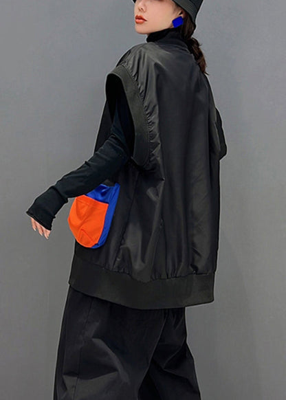 Black O-neck Zippered Patchwork Button Thick Waistcoat Sleeveless