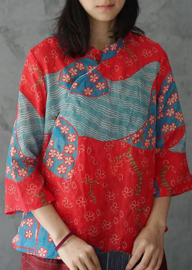 Red Stand Collar Print Linen Shirt Bracelet Sleeve