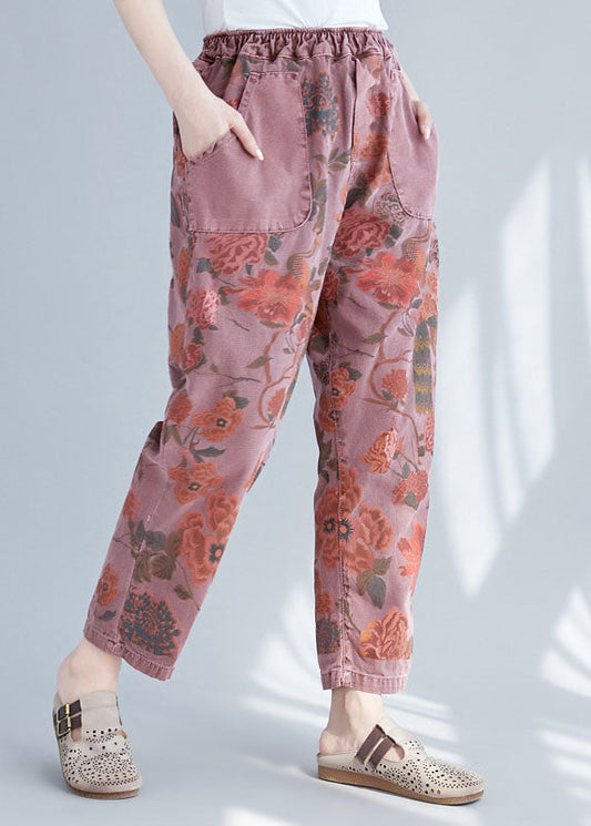 Brick Red Elastic Waist Print Cotton Denim Pants Spring