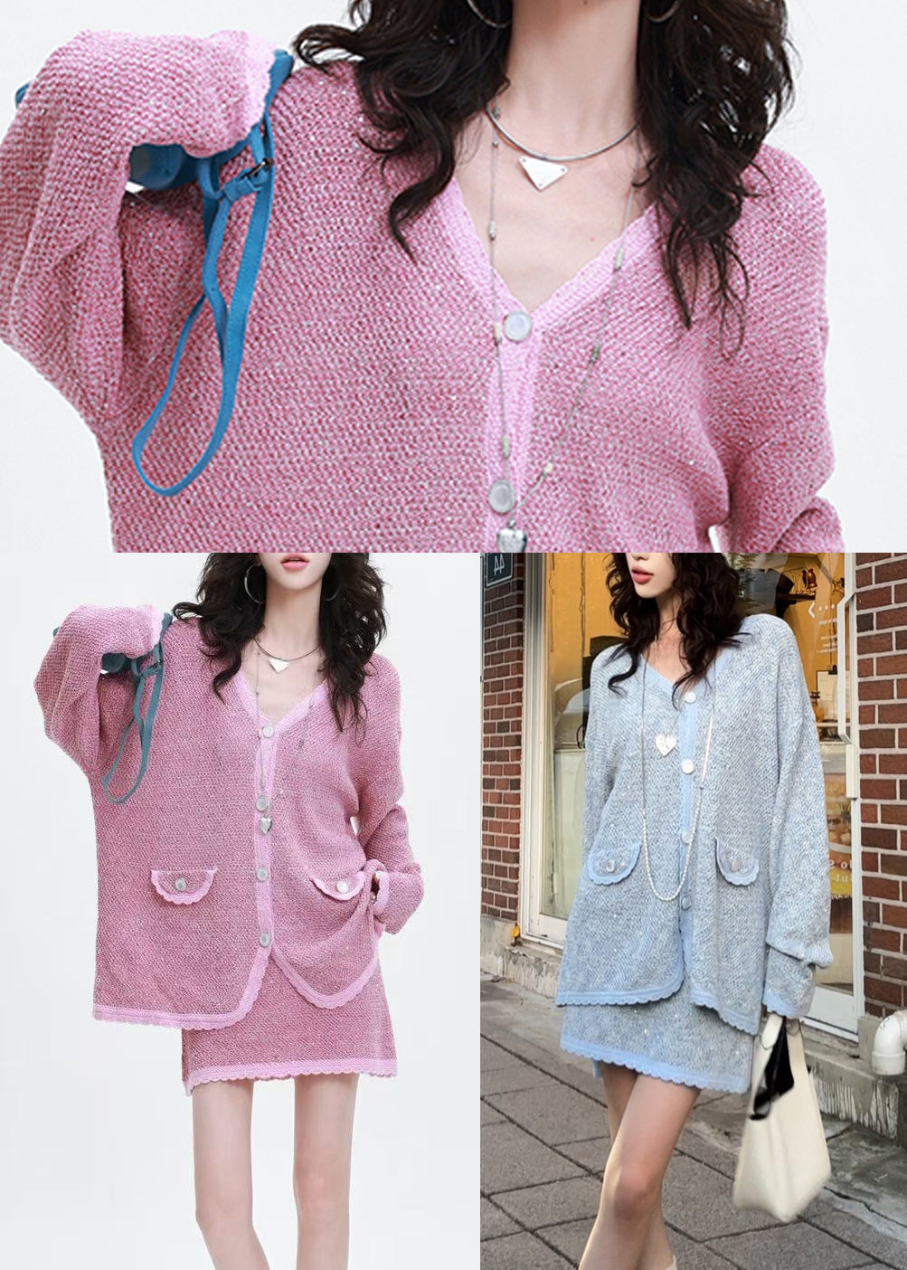Unique Grey Oversized Patchwork Knit 2 Piece Outfit Spring