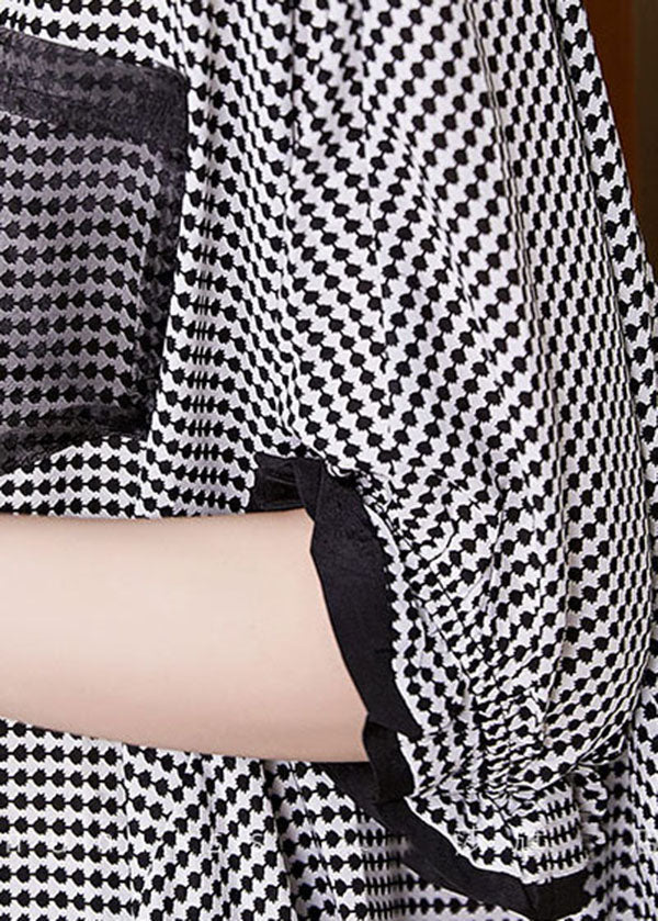 Black O-neck Plaid Patchwork Chiffon Tank Tops Short Sleeve