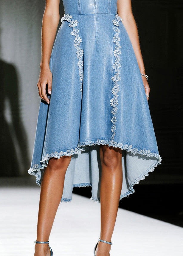 Handmade Blue Decorated Exra Large Hem Denim Sundress Summer