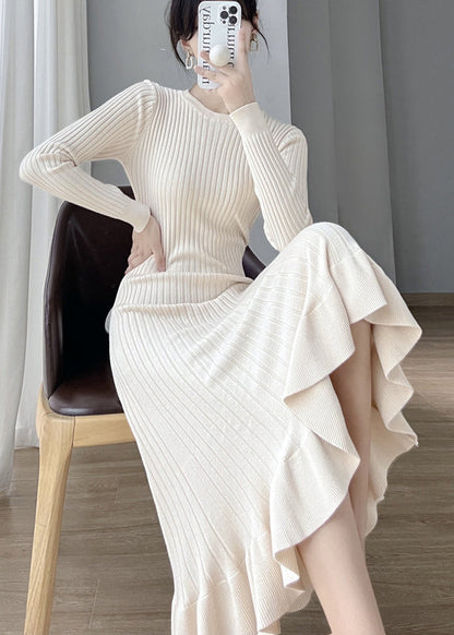 Apricot O Neck Ruffled Knit Long Sweater Dress Fall