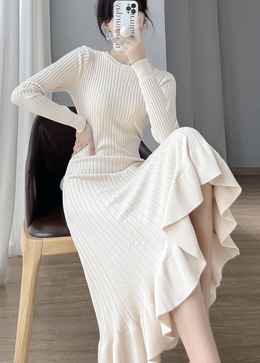 Apricot O Neck Ruffled Knit Long Sweater Dress Fall