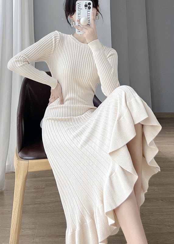 Apricot O Neck Ruffled Knit Long Sweater Dress Fall