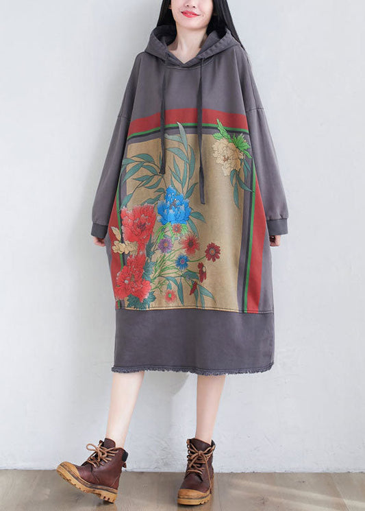 Unique Grey Drawstring Hooded Print Dresses Spring