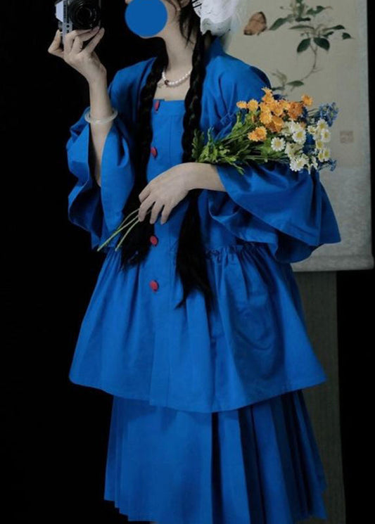 Classy Blue Square Collar Wrinkled Button Top and Skirts Two Pieces Set Spring