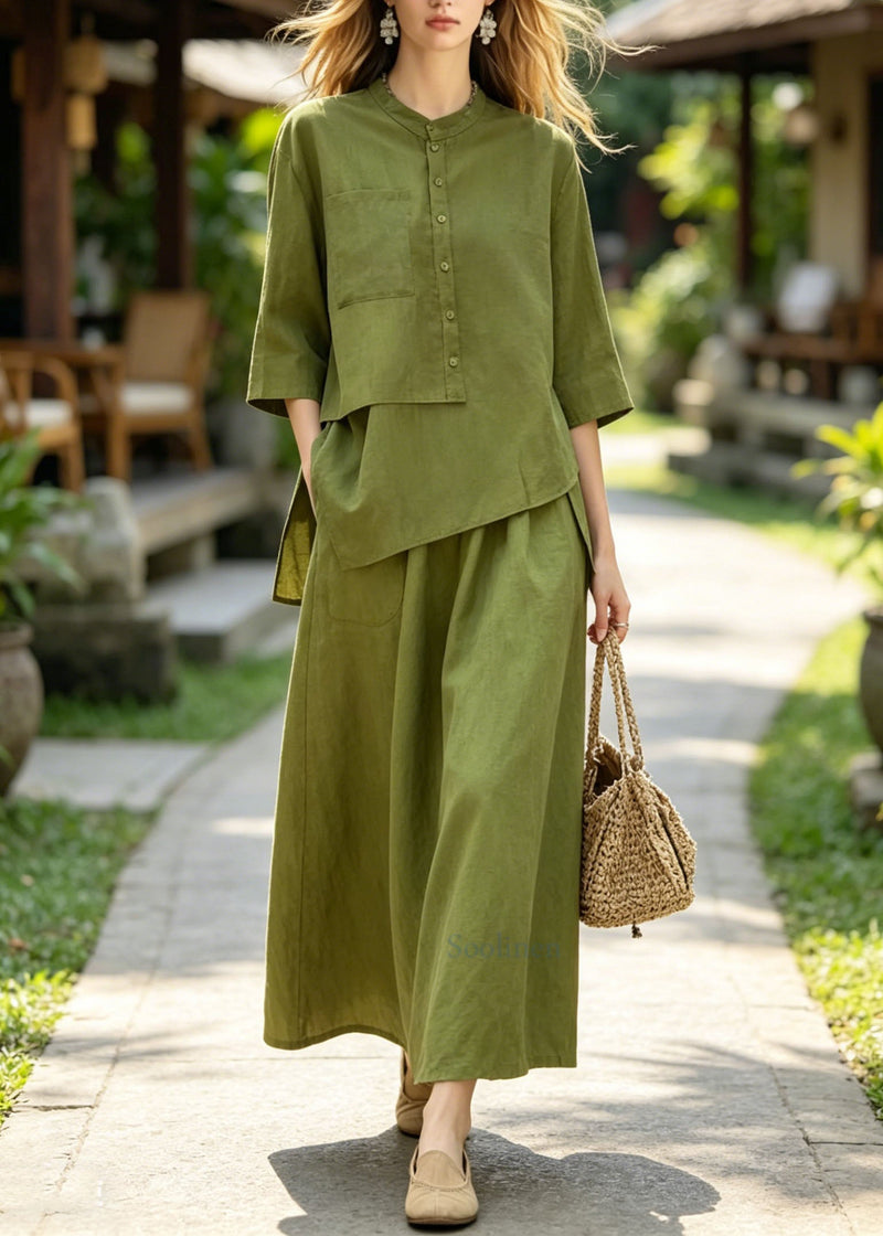 Green Asymmetrical Top and Skirts Cotton 2 Piece Outfit Summer
