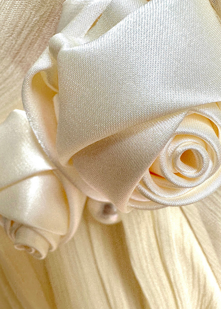French Light Yellow Wrinkled Patchwork Silk Dress Spring