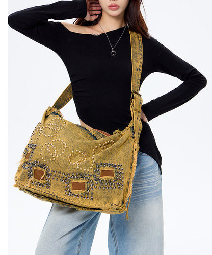 Brown Rivet Large Capacity Applique Denim Messenger Bag