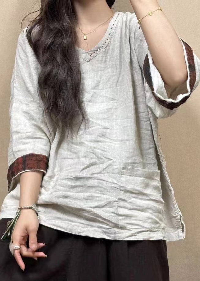 Black Pockets Linen Top Bracelet Sleeve