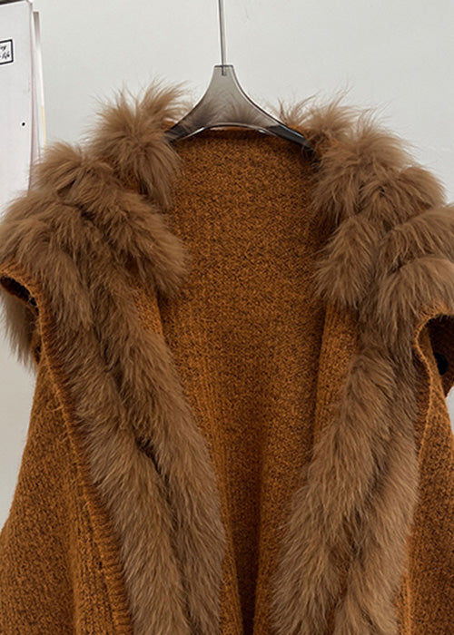 Brown Fox Collar Pockets Patchwork Knit Coats Fall